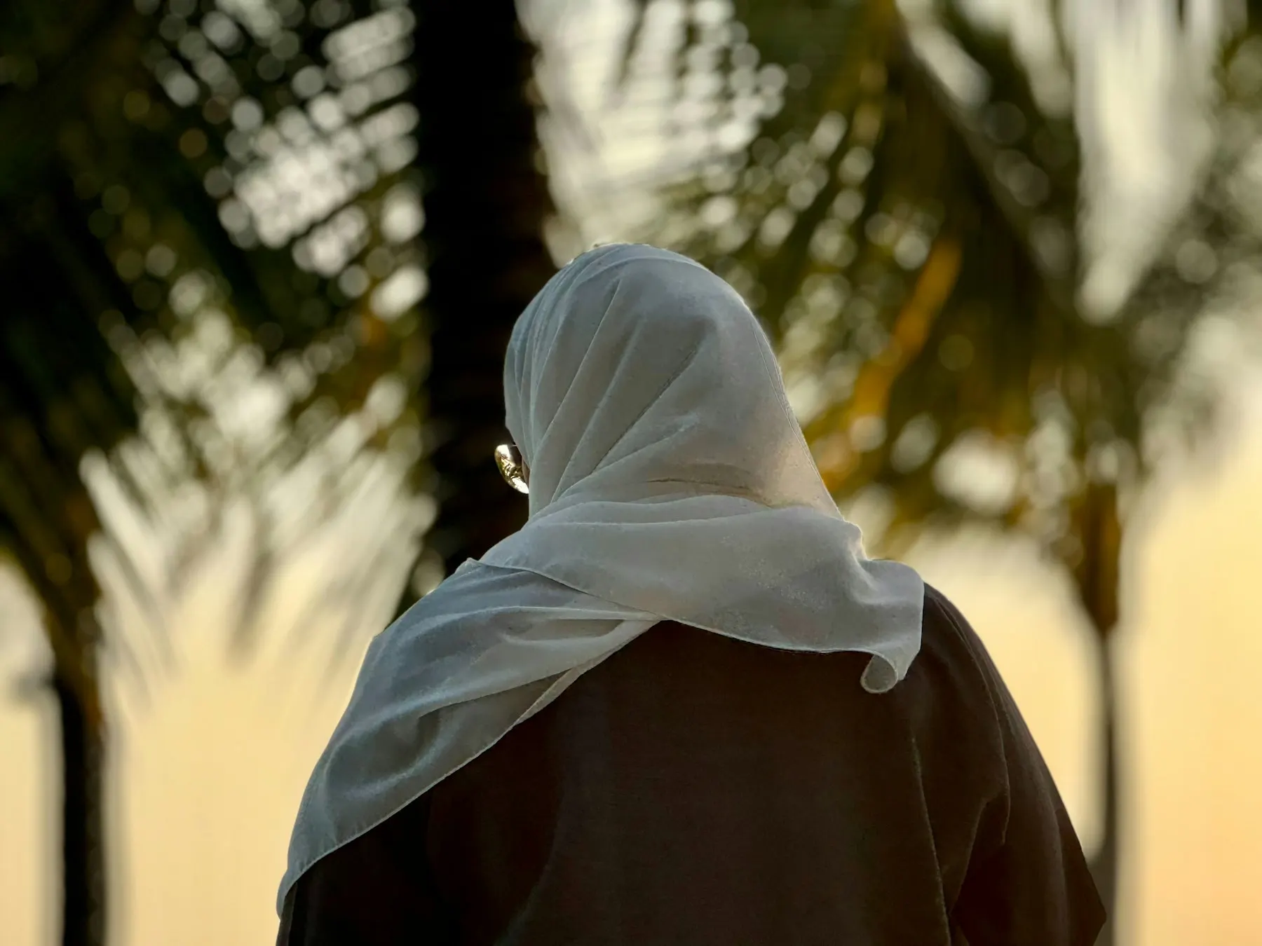 Una mujer de espaldas, con un pañuelo blanco sobre la cabeza, bajo la luz cálida del atardecer y una palmera.