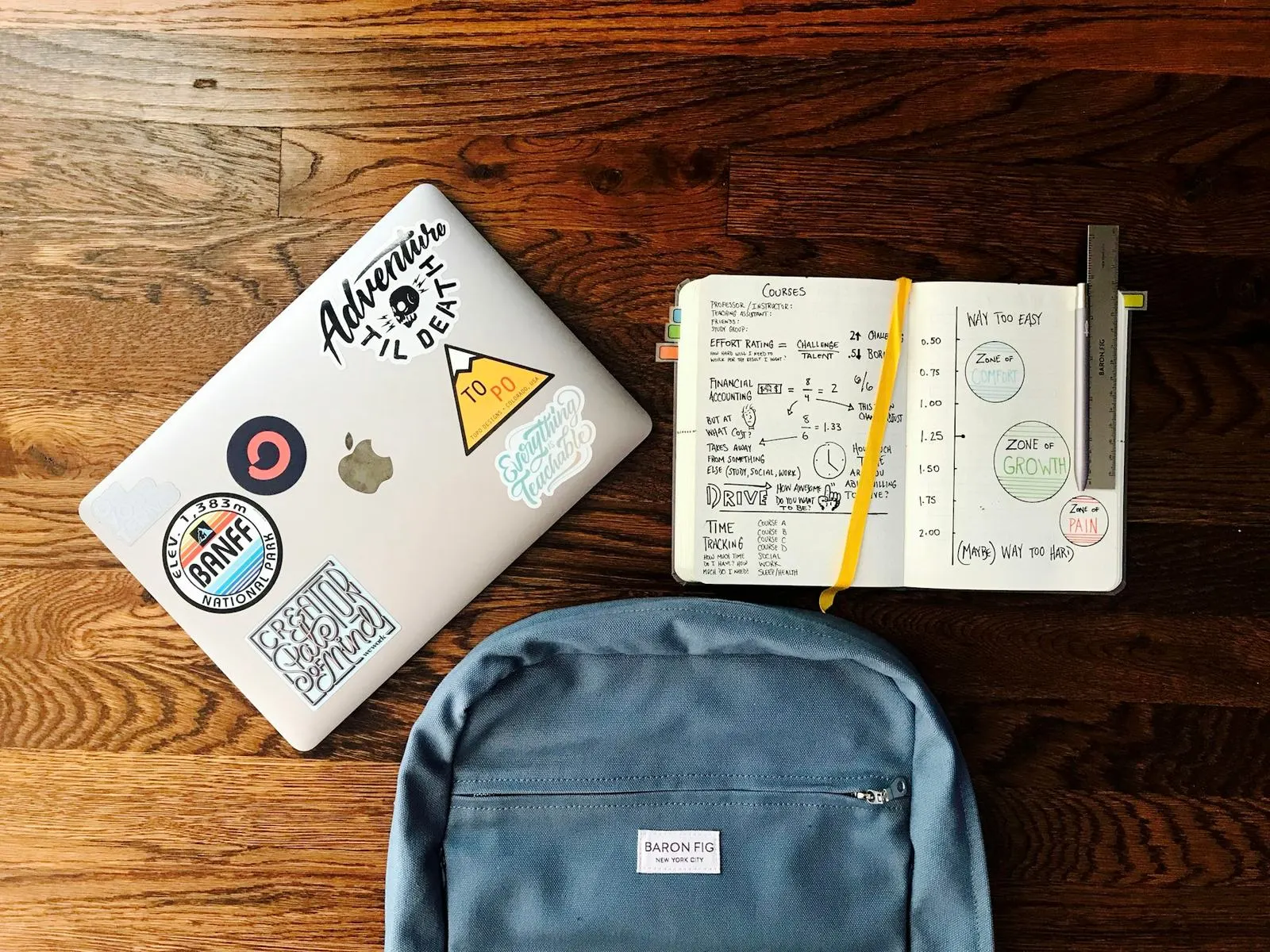 Una mochila azul junto a un libro y una laptop sobre un escritorio, vista desde arriba.